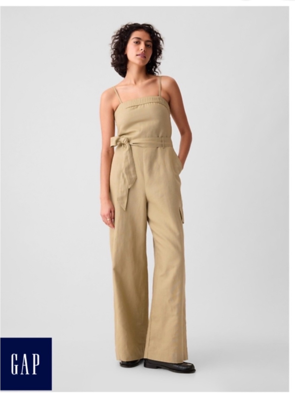 GAP Women's Khaki Wide-Leg Tie-Waist Jumpsuit